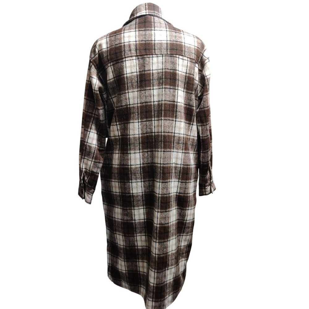Camellia M Brown Plaid Longline Shirt Jacket Chest Pockets Button Front Shacket - Picture 8 of 9